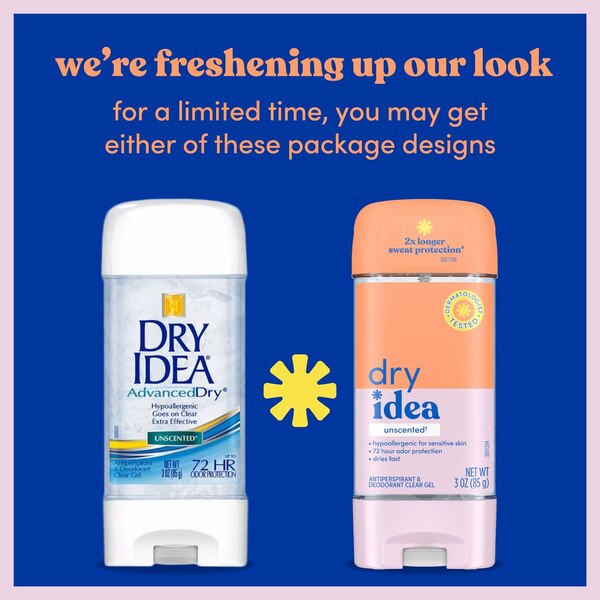 Dry Idea 72-Hour Hypoallergenic Clear Gel Antiperspirant & Deodorant Stick, Unscented, 3 OZ