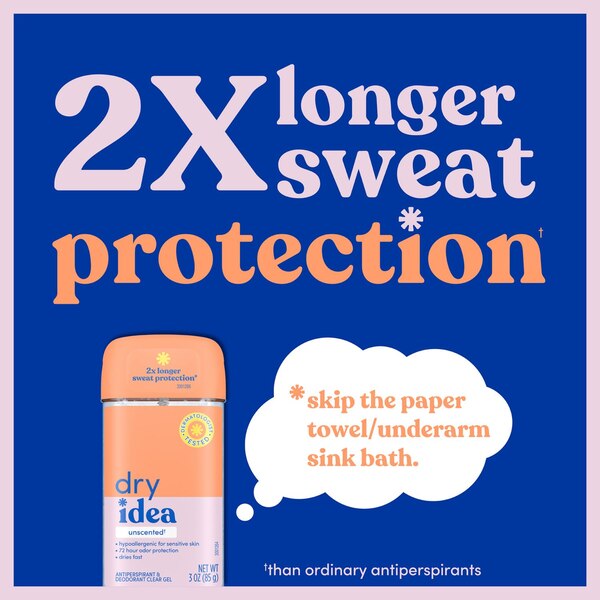 Dry Idea 72-Hour Hypoallergenic Clear Gel Antiperspirant & Deodorant Stick, Unscented, 3 OZ