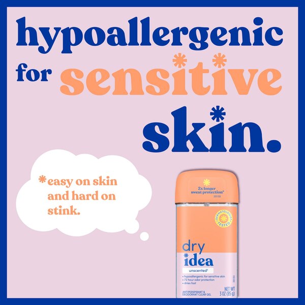 Dry Idea 72-Hour Hypoallergenic Clear Gel Antiperspirant & Deodorant Stick, Unscented, 3 OZ