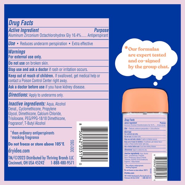 Dry Idea 72-Hour Hypoallergenic Clear Gel Antiperspirant & Deodorant Stick, Unscented, 3 OZ
