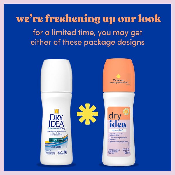Dry Idea 72-Hour Hypoallergenic Deodorant Roll-on, Unscented, 3.25 OZ