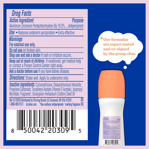 Dry Idea 72-Hour Hypoallergenic Deodorant Roll-on, Unscented, 3.25 OZ