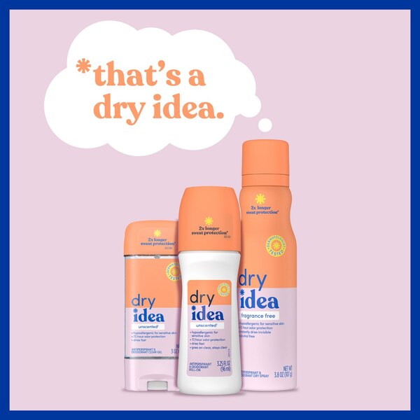 Dry Idea 72-Hour Hypoallergenic Deodorant Roll-on, Unscented, 3.25 OZ