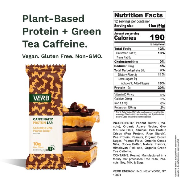 Verb, Chocolate Chip Peanut Butter Caffeinated Protein Bar, 1.8 oz