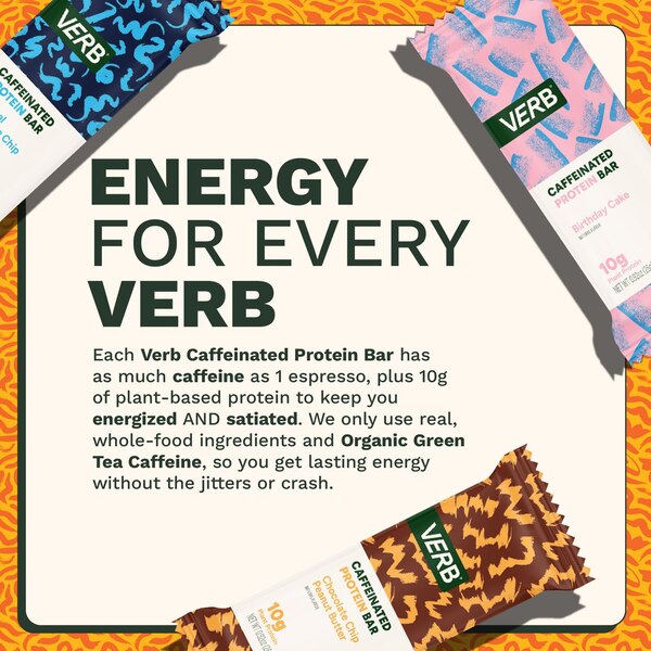 Verb, Chocolate Chip Peanut Butter Caffeinated Protein Bar, 1.8 oz