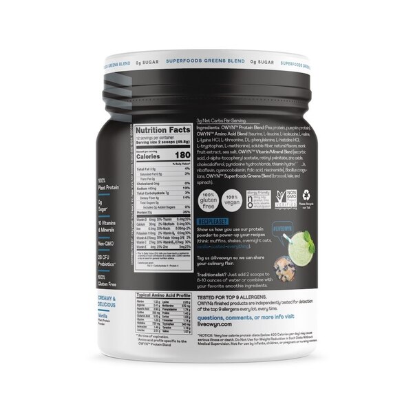 OWYN Vanilla Plant Protein Powder, 12 Servings