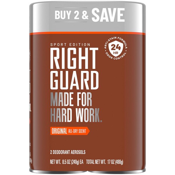 Right Guard Deodorant Aerosols, Original All Day Scent, Twin Pack 8.5 OZ