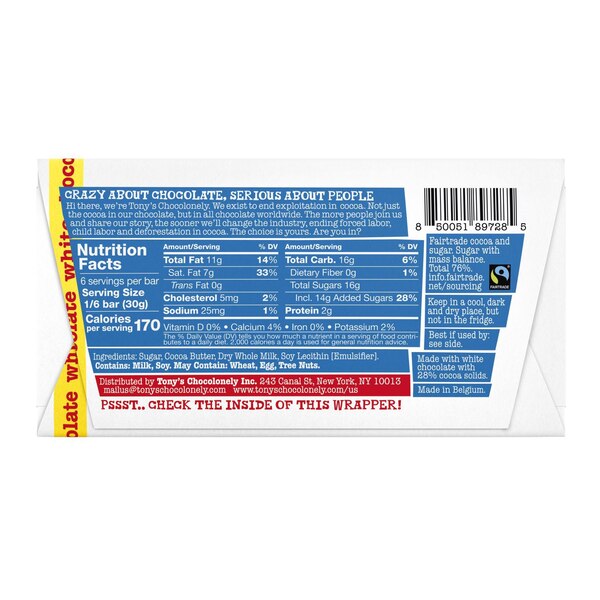 Tony's White Chocolate Bar, 6.35 oz