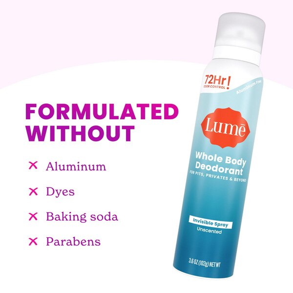 Lume Whole Body Deodorant Spray, Unscented, 3.6 OZ