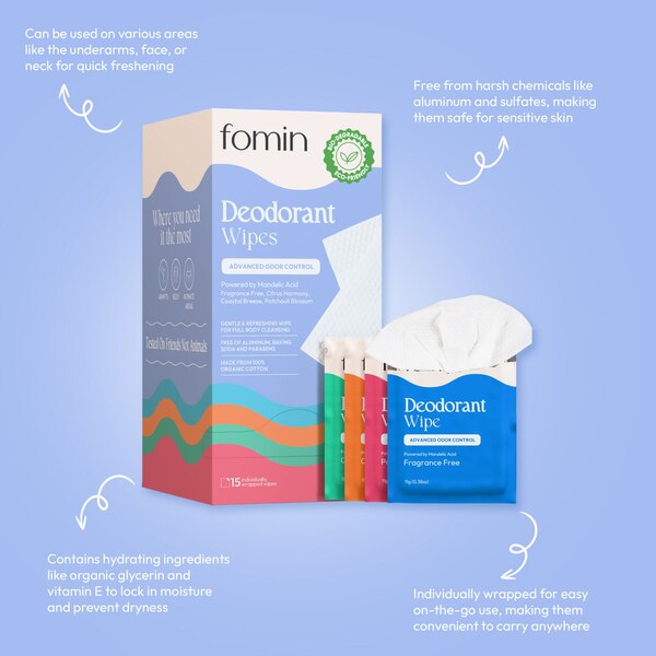 Fomin Full Body Deodorant Wipes, Variety, 15 CT