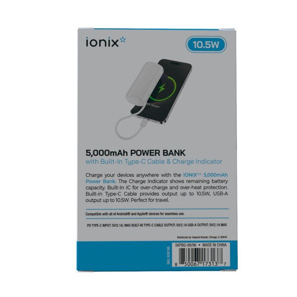 Ionix 5000mAh Powerbank + Built-in Type C Cable, Assorted Colors