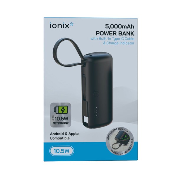 Ionix 5000mAh Powerbank + Built-in Type C Cable, Assorted Colors