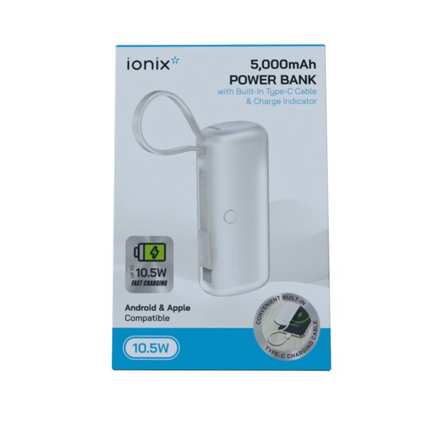 Ionix 5000mAh Powerbank + Built-in Type C Cable, Assorted Colors