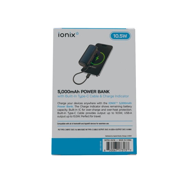 Ionix 5000mAh Powerbank + Built-in Type C Cable, Assorted Colors
