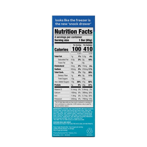 Yasso, Greek Yogurt Bars, Fudge Brownie, 4 ct, 10.6 oz