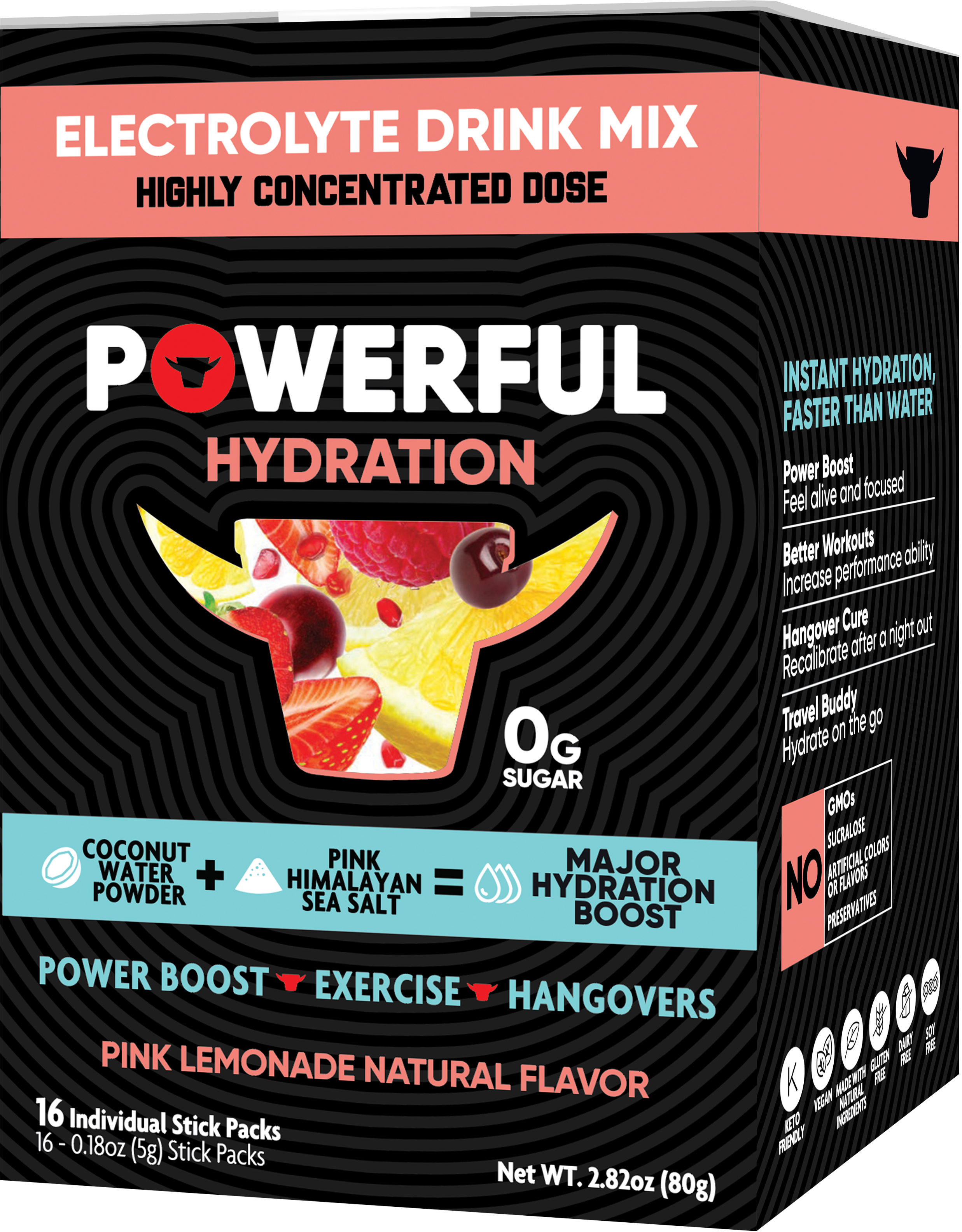 Powerful Hydration Electrolyte Drink Mix, Pink Lemonade, 16 CT