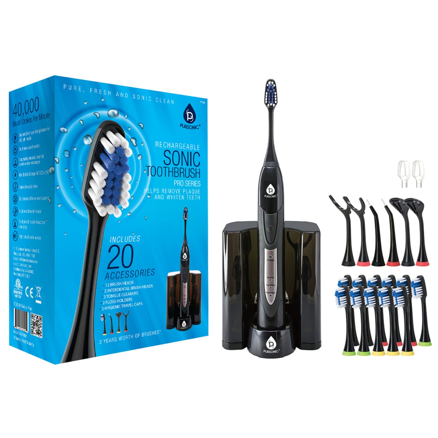 Pursonic Rechargeable Pro Series Sonic Toothbrush and Accessories