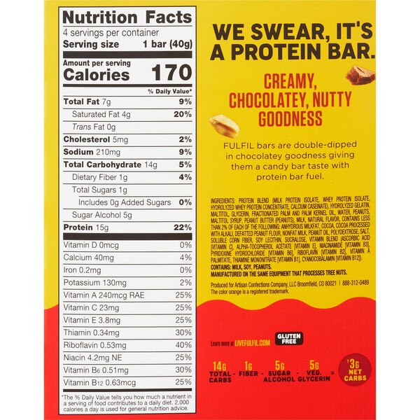 Fulfil, Chocolate and Peanut Butter Protein Bar, 1.41 oz