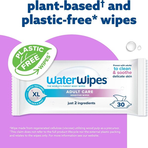 WaterWipes Adult Care 99.9% Water Based Sensitive Wipes, 30 CT