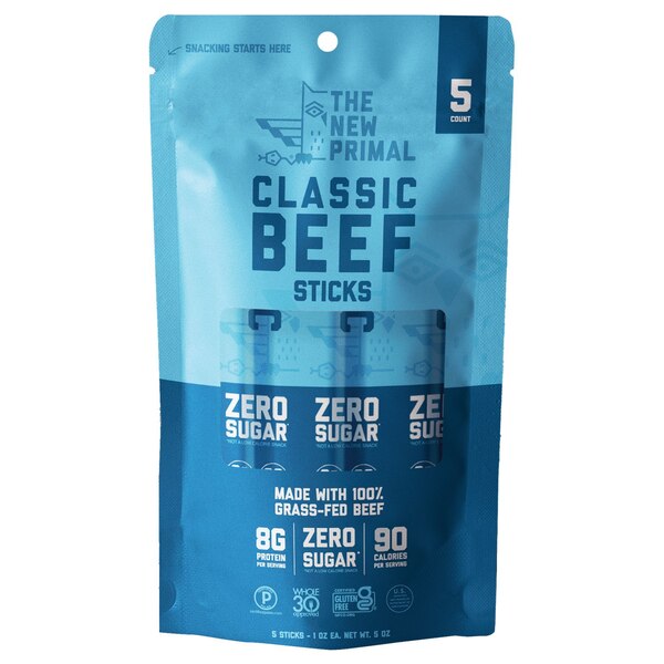The New Primal, Classic Beef Meat Sticks, Grass-Fed Beef, Zero Sugar, 5 ct, 5 oz