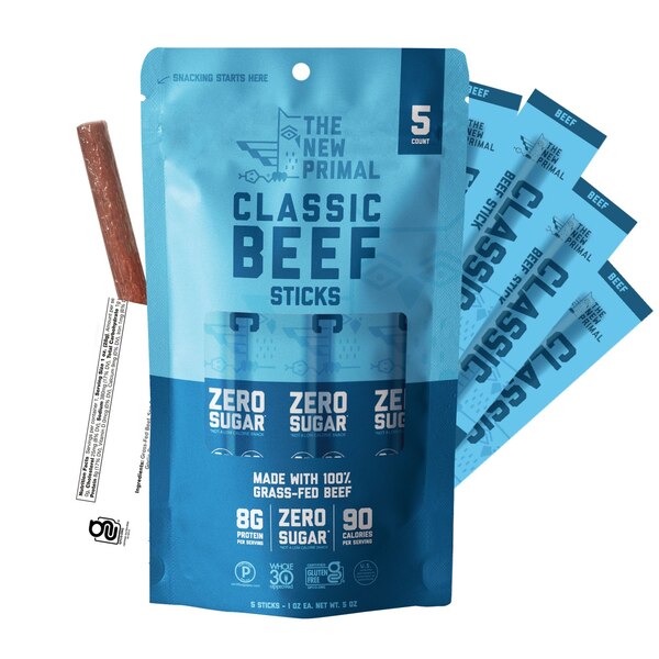 The New Primal, Classic Beef Meat Sticks, Grass-Fed Beef, Zero Sugar, 5 ct, 5 oz