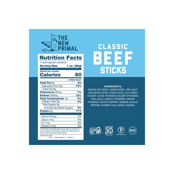 The New Primal, Classic Beef Meat Sticks, Grass-Fed Beef, Zero Sugar, 5 ct, 5 oz