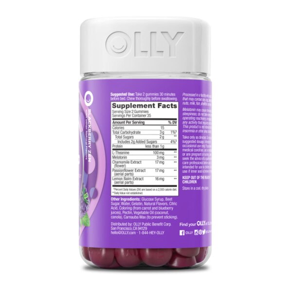 OLLY Sleep Gummies, 3mg Melatonin, Sleep Aid, Blackberry Zen, 70CT