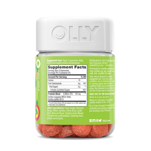 OLLY Extra Strength Probiotic Gummies, 6 Billion CFUs, 2 Probiotic Strains, 50CT