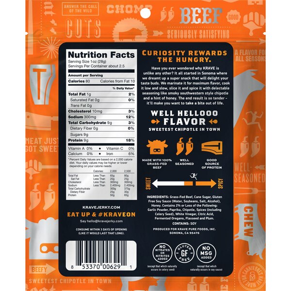 KRAVE Gourmet Beef Cuts, Sweet Chipotle Flavor, 2.7 oz