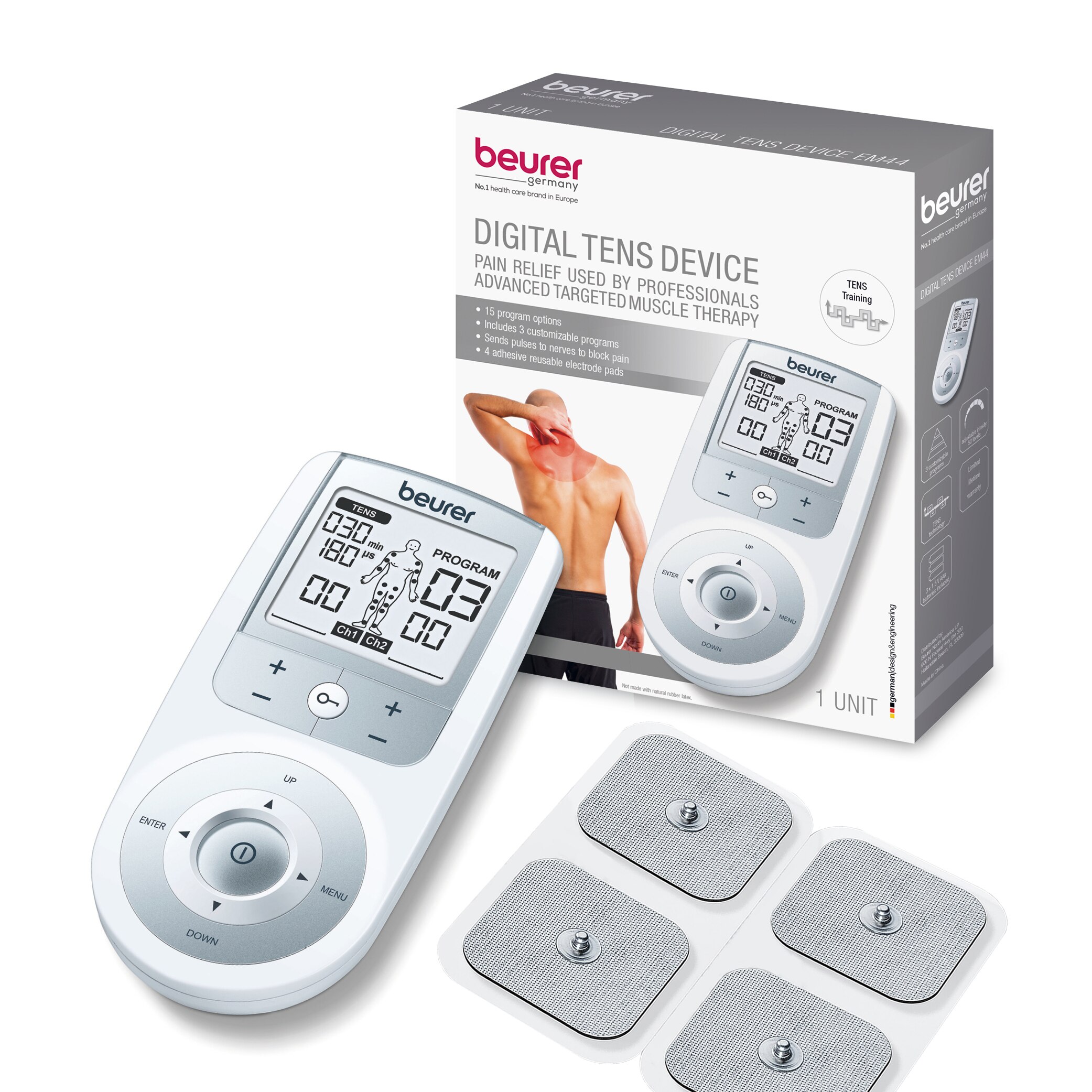 Beurer Digital Electrostimulation TENS Device, Muscle Stimulator Machine System for Pain Relief Management and Rehabilitation, Electronic Pulse Massager Unit, For Use on Entire Body FDA Cleared, EM44