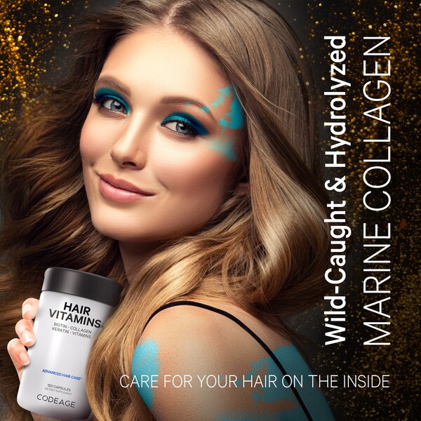 Codeage Hair Vitamins, Biotin 10000mcg, Keratin, Collagen, Zinc, Multivitamin Supplement, 120 CT