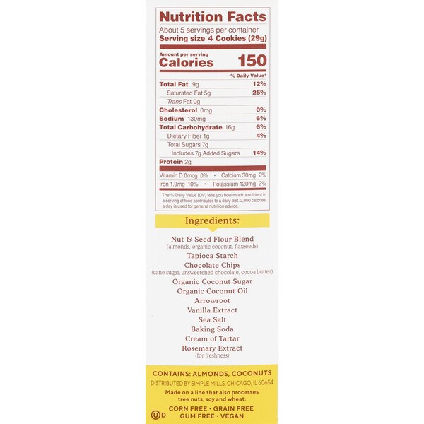 Simple Mills, Almond Flour Crunchy Chocolate Chip Cookie, 5.5 oz