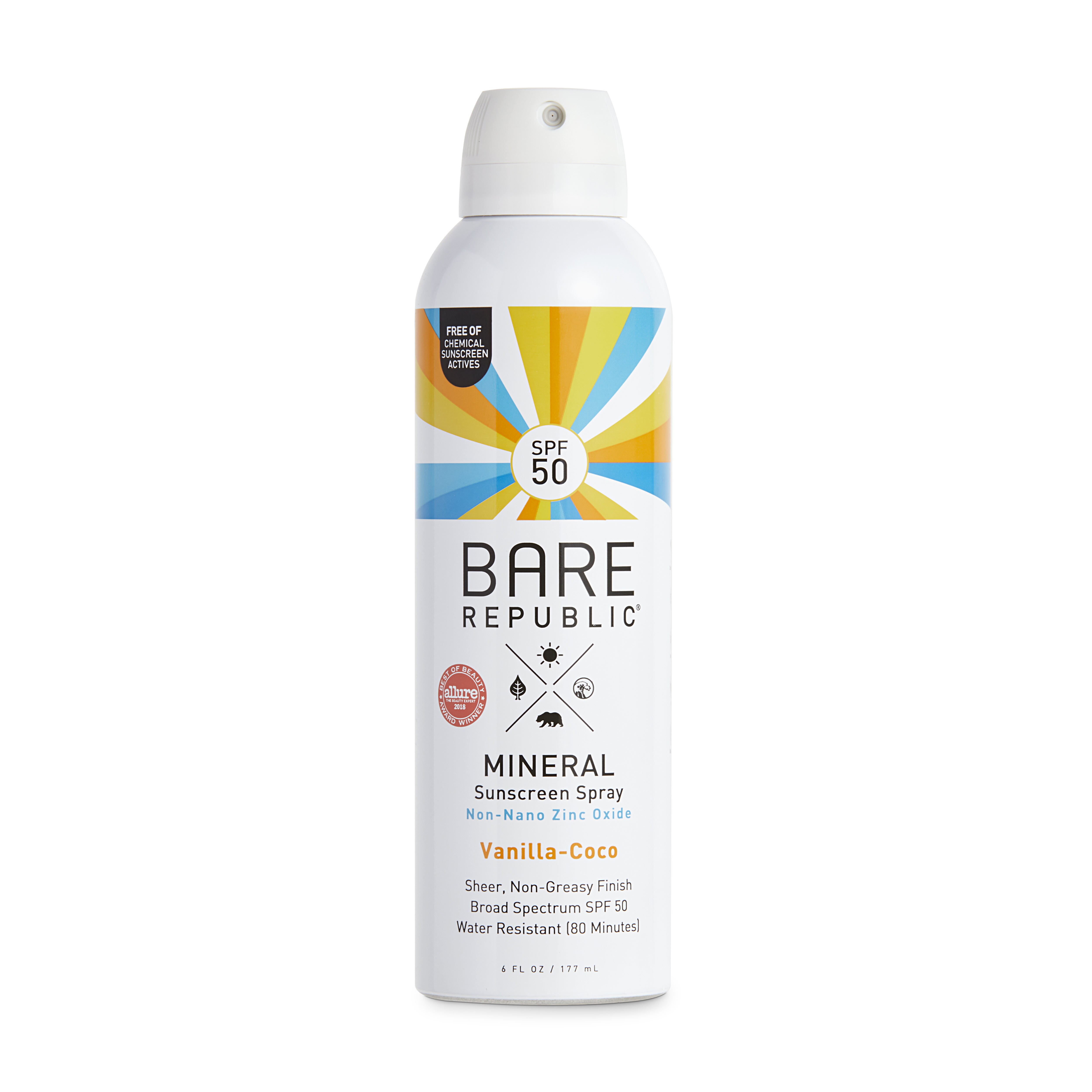 Bare Republic Mineral Body Sunscreen Spray SPF 50, Vanilla-Coco, 6 OZ