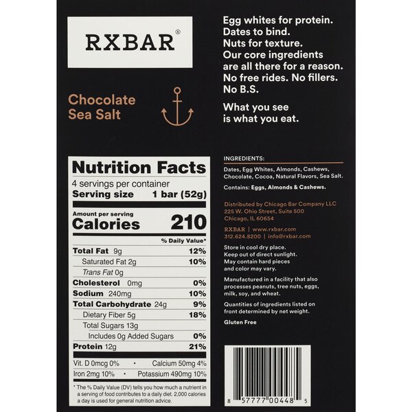 RXBAR Protein Bar, Chocolate Sea Salt, 4 ct