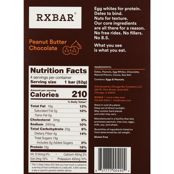 RXBAR Protein Bar, Peanut Butter Chocolate, 4 ct