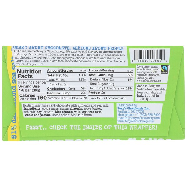 Tony's Chocolonely 51% Dark Chocolate Bar with Almonds and Sea Salt, 6.35 oz