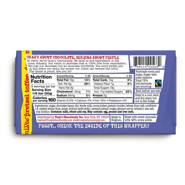 Tony's, Chocolonely Dark Milk Pretzel Toffee 42% Bar,6.35 oz