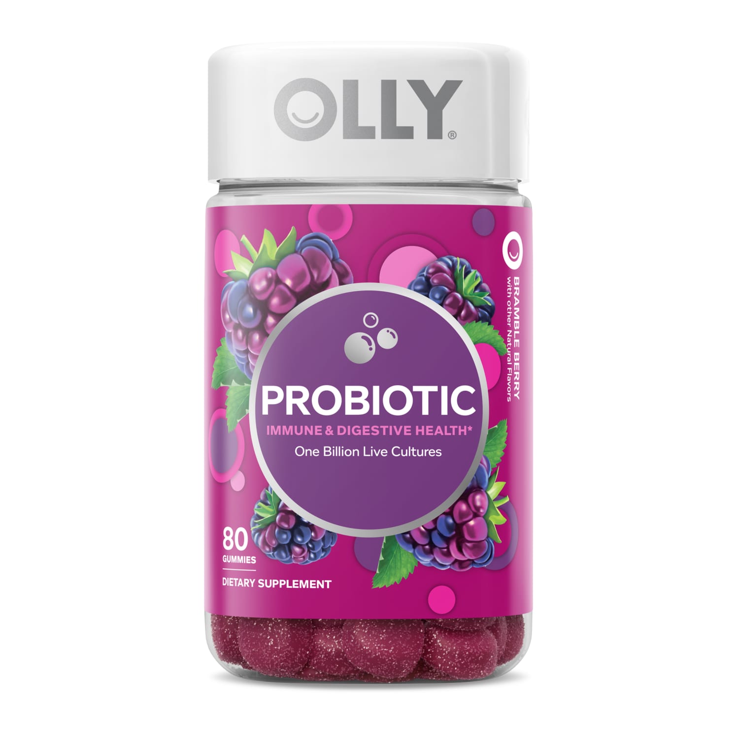 OLLY Probiotic Gummy, 1 Billion CFUs, Chewable Probiotic Supplement, Bramble Berry, 80CT