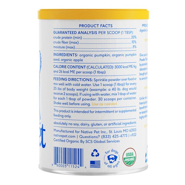 Native Pet Organic Pumpkin Fiber Powder Dog Supplement, 8 oz.