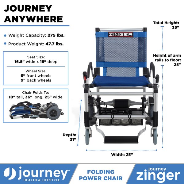 Journey Health and Lifestyle Zinger Folding Power Chair with Arm Rests, Portable Indoor Outdoor Powered Mobility Chair, Blue