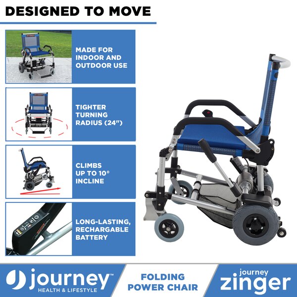Journey Health and Lifestyle Zinger Folding Power Chair with Arm Rests, Portable Indoor Outdoor Powered Mobility Chair, Blue