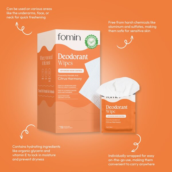 Fomin Full Body Deodorant Wipes, Citrus Harmony, 15 CT