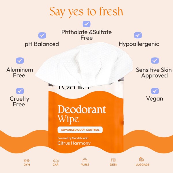 Fomin Full Body Deodorant Wipes, Citrus Harmony, 15 CT