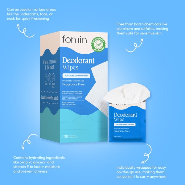 Fomin Full Body Deodorant Wipes, Fragrance Free, 15 CT