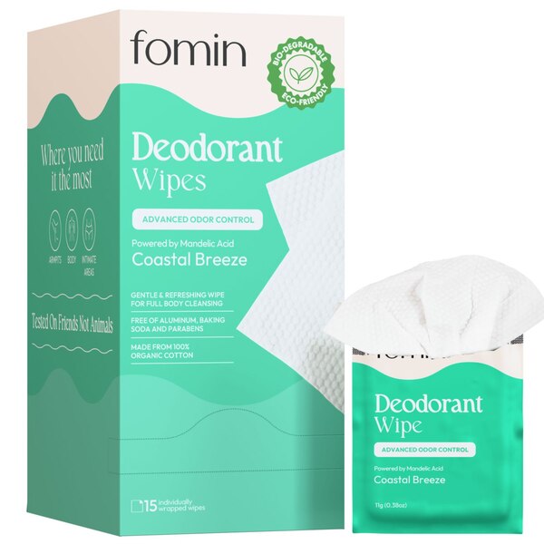 Fomin Full Body Deodorant Wipes, Coastal Breeze, 15 CT