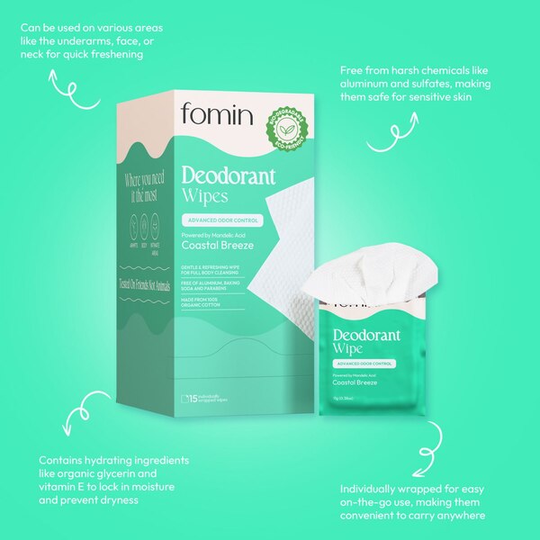 Fomin Full Body Deodorant Wipes, Coastal Breeze, 15 CT