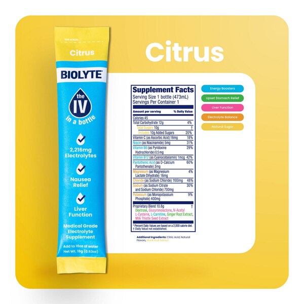 Biolyte, Citrus Powder Sticks, 6 ct, 3.8 oz