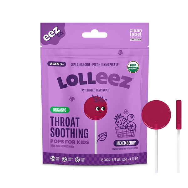 Lolleez Organic Throat Soothing Lollipops for Kids, Mixed Berry, 15 CT