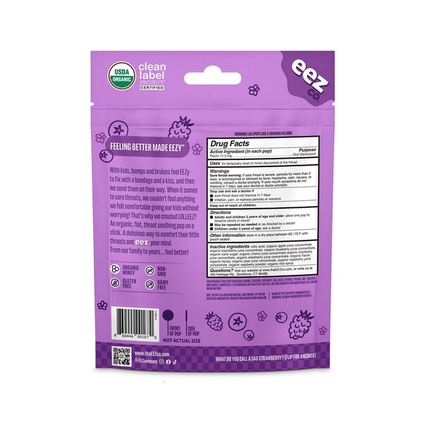 Lolleez Organic Throat Soothing Lollipops for Kids, Mixed Berry, 15 CT