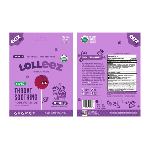 Lolleez Organic Throat Soothing Lollipops for Kids, Mixed Berry, 15 CT